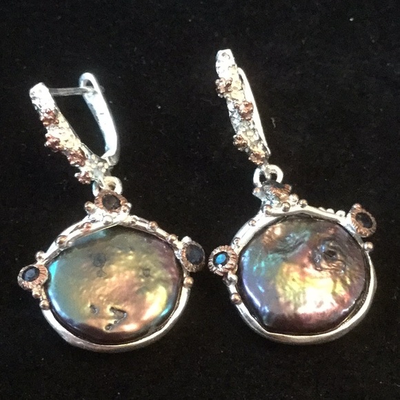 Atlanta Gem & Mineral Show Jewelry - Genuine Peacock Pearl & Sapphires Earrings